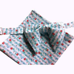Floral Stripe Bow Tie and Pocket Square Set Blue White Red Rose Formal Accessory